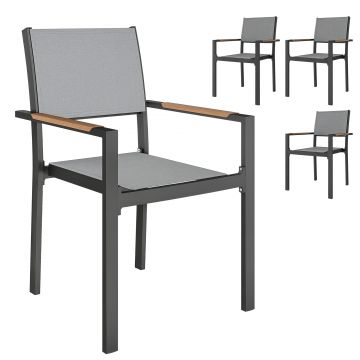 Outsunny Lot de 4 scaune de grădină, scaune de masă cu brațe efect de lemn cadru din aluminiu, gri deschis | Aosom Romania
