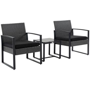 Outsunny Salon de jardin 2 locuri 3 piese 2 scaune cu perne + masă de cafea blat sticlă securizată rășină tressée 4 fire imitație de răchită gri | Aosom Romania