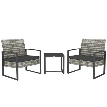 Outsunny Salon de jardin 3 piese 2 scaune cu perne + masă de cafea cu blat din sticlă securizată rășină tressée gri deschis | Aosom Romania