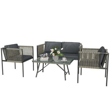 Outsunny Set de Exterior din Rattan 2 Fotolii, Canapea și Măsuță Gri | Aosom Romania