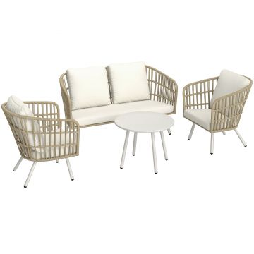 Outsunny Set de mobilier de grădină din poliratan Lounge-Set cu canapea de 2 locuri, fotoliu, masă, perne rezistente la intemperii pentru 4 persoane în culoarea Khaki | Aosom Romania