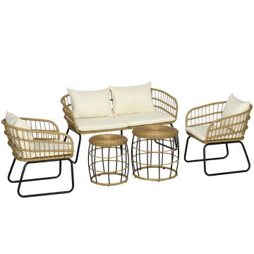 Outsunny Set de mobilier de grădină din răchită, Set de lounge pentru exterior, Stil Boho, Set de 5 piese, 145 x 70 x 78 cm, Crem + Natur + Negru | Aosom Romania