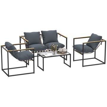 Outsunny Set de mobilier de grădină format din 4 piese, Set de mobilier de exterior, 2 Fotolii, Canapea pentru 2 persoane, 1 Masă, cu perne, Oțel, Poliester, Gri | Aosom Romania