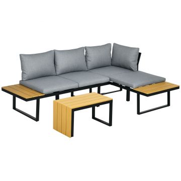 Outsunny Set de Mobilier de Grădină pentru 3 Persoane cu Perne de Ședere, Cadru din Aluminiu, Aspect de Lemn, Gri închis+Natur | Aosom Romania