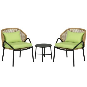 Outsunny Set de mobilier de terasă din ratan, 3 piese, cu perne pentru șezut și spate, ratan artificial, cadru metalic, Verde | Aosom Romania