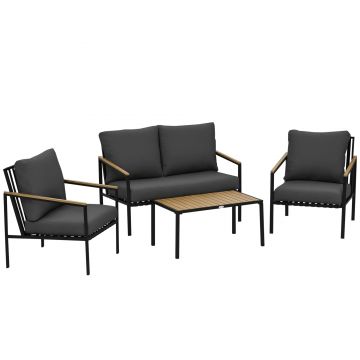 Outsunny Set mobilier de grădină 4 piese 4 persoane cu canapea cu 2 locuri fotolii și masă de cafea 8 perne negru gri închis | Aosom Romania