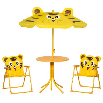 Outsunny Set Mobilier Grădină Copii 4 piese Design Tigrul: Masă rotundă, 2 scaune pliante, umbrelă, metal epoxid galben | Aosom Romania
