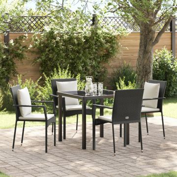 Set 5 piese dining grădină cu perne - Poliratan negru