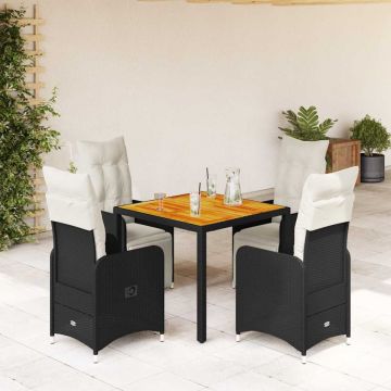 Set bistro de grădină cu perne, 5 piese, negru, poliratan