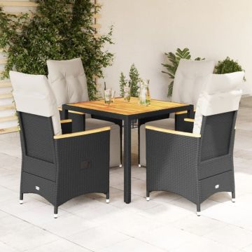 Set bistro de grădină cu perne, 5 piese, negru, poliratan