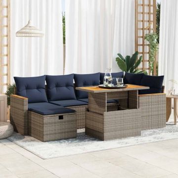 Set canapele grădină perne 7 piese negru, poliratan/lemn acacia