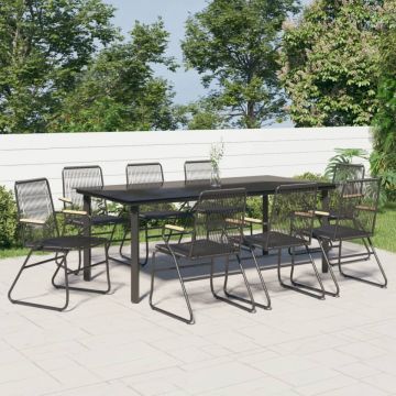 Set cu masă pentru grădină, 9 piese, negru, ratan PVC