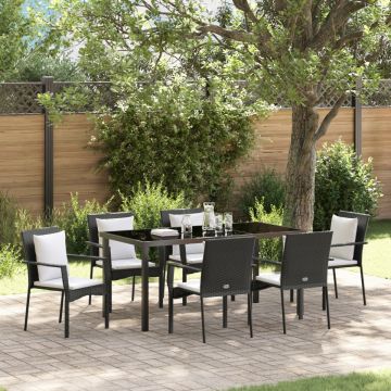 Set de dining pentru grădină cu 7 piese cu perne Negre Poliratan