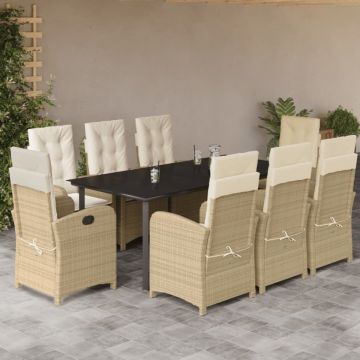 Set de masă pentru grădină, 9 piese, cu perne, bej, poliratan