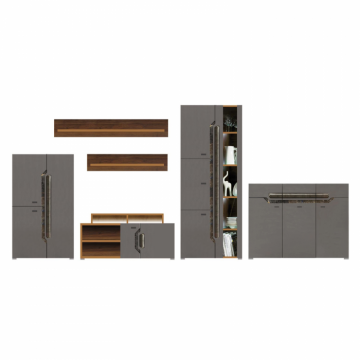 Set Living DAVOS Z.A.,6 corpuri, cu lumini LED si soft close, corp PAL nuc inchis, fronturi MDF gri si Comoda DAVOS D 12, 3 usi si 3 sertare