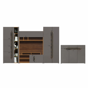 Set Living DAVOS Z.P., 4 corpuri, cu lumini LED si soft close, corp PAL nuc inchis, fronturi MDF gri si Comoda DAVOS D 12, 3 usi si 3 sertare