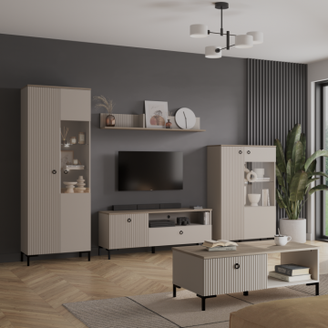 Set Living DOMINICA, 5 piese, 2 vitrine, comoda TV,  masuta de cafea, raft suspendat, taupe + stejar silverjack, 290x41x199 cm