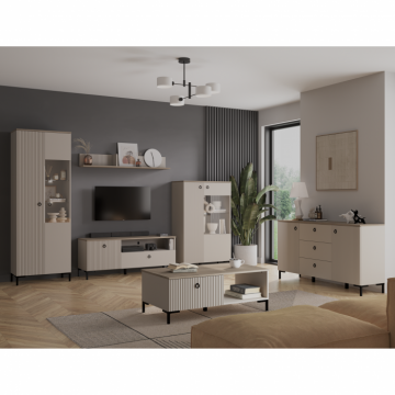 Set Living DOMINICA, 6 piese, 2 vitrine, comoda TV, comoda, masuta de cafea, raft suspendat, taupe + stejar silverjack, 440x41x199 cm