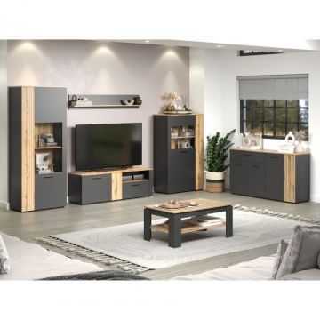 Set Living ESTEBAN, 6 piese, 2 vitrine, 2 comode, masuta, raft suspendat, grafit + stejar evok 320x42x195 cm