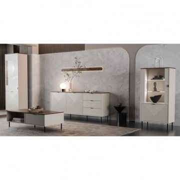 Set Living EVO, 4 piese, 2 vitrine, comoda, masuta cafea, casmir + stejar castello, 315x40x135 cm