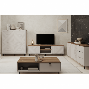 Set Living EVO, 4 piese, comoda TV, comoda, biblioteca, masuta cafea, casmir + stejar castello, 490,2x40x135,2 cm