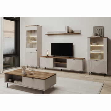 Set Living EVO, 5 piese, 2 vitrine, comoda TV, masuta cafea, raft suspendat, casmir + stejar castello, 315x40x195 cm