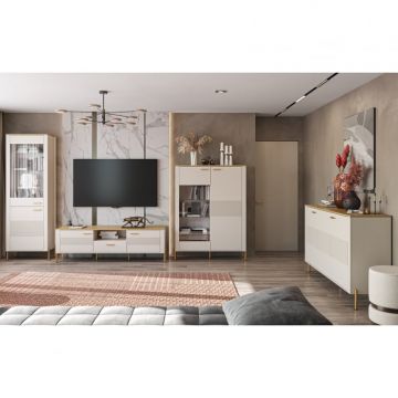 Set Living RUBEN, 4 piese, comoda TV, comoda, 2 vitrine, casmir + stejar piatra, 360x50x153 cm