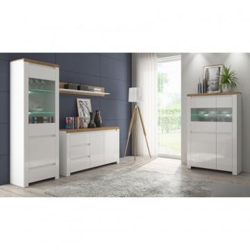 Set Living VIGO, 4 piese, 2 vitrine, comoda, raft suspendar, alb  + stejar wotan