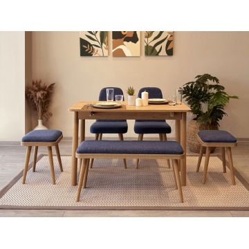 Set masa extensibila si 6 scaune, Vella, Vina Mini 03 1048, PAL, Stejar / Albastru închis