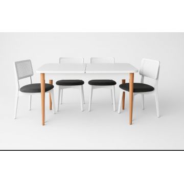 Set masă și scaune extensibile (5 bucăți), Fairfax, Lina, Alb lemn / Negru