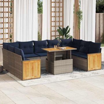 Set mobilier de grădină cu perne, 10 piese, gri, poliratan
