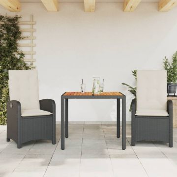 Set mobilier de grădină cu perne, 3 piese, negru, poliratan