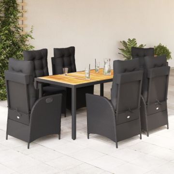Set mobilier de grădină cu perne, 7 piese, negru, poliratan