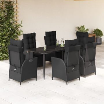 Set mobilier de grădină cu perne, 7 piese, negru, poliratan