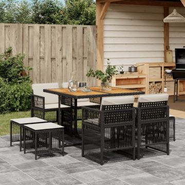 Set mobilier de grădină cu perne, 9 piese, negru, poliratan