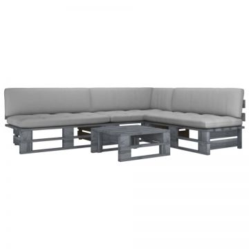 Set mobilier din paleți cu perne, 4 piese, gri, lemn pin tratat