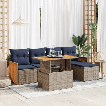 Set mobilier grădină cu perne 6 piese gri poliratan/lemn acacia