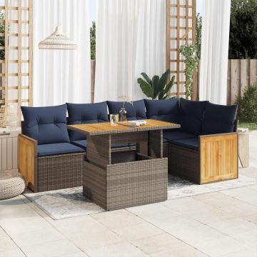 Set mobilier grădină cu perne 6 piese gri poliratan/lemn acacia