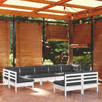 Set mobilier grădină cu perne, 9 piese, alb, lemn masiv pin