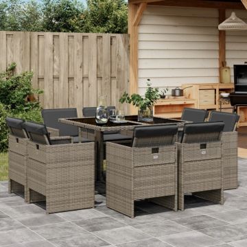 Set mobilier grădină cu perne, 9 piese, gri, poliratan