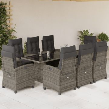 Set mobilier grădină cu perne, 9 piese, gri, poliratan
