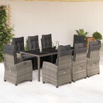 Set mobilier grădină cu perne, 9 piese, gri, poliratan