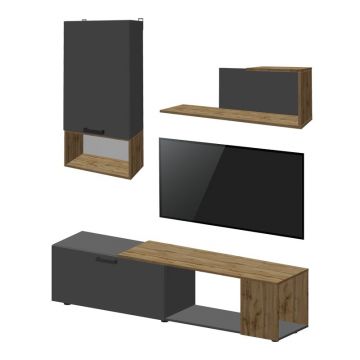 Set mobilier living Poelfy, Pako World, Gri inchis-Stejar, 170x37x42 cm
