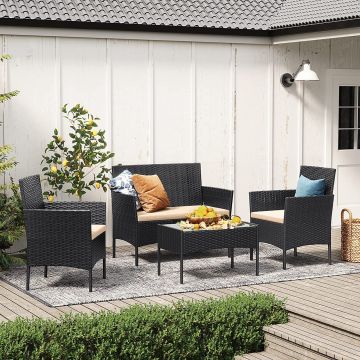 Set mobilier pentru gradina/terasa 4 piese, Songmics, otel/polietilena, negru/grej