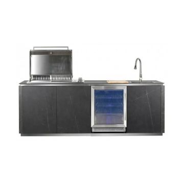 Bucatarie exterior placata ceramica, gratar gaz inox 3 arzatoare, arzator infrarosu, chiuveta, frigider 150 l, Buschbeck Derby