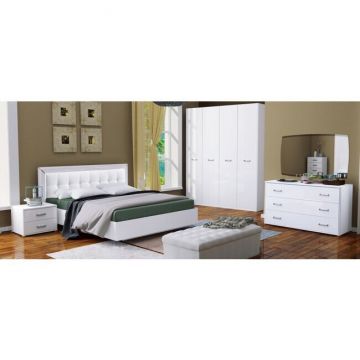Dormitor Bella, set cu pat 160x200 cm, dulap 4 uși, 2 noptiere, finisaj alb