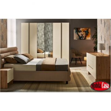 Dormitor Kosmo Artisan-Crem, set modular complet, pat tapițat, dulapuri personalizabile, PAL melaminat, Crem