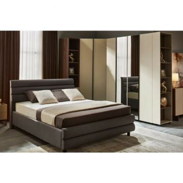 Dormitor Kosmo Catania-Fungo, set modular, pat tapițat, dulap colț, spații depozitare, PAL melaminat, Gri