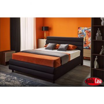 Dormitor Kosmo Negru, set modular modern, pat tapițat, dulap colț cu polite și bară, PAL melaminat, Negru