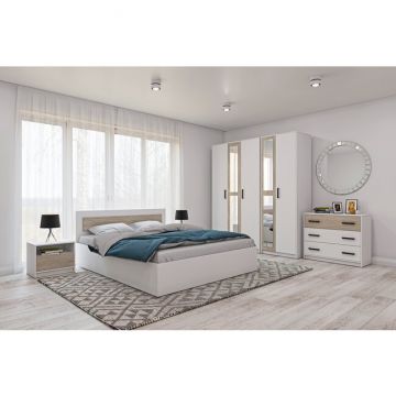 Dormitor Viva, set complet mobilier dormitor, dulap spațios, pat și noptiere incluse, structură PAL melaminat + MDF, 209x120x50 cm, Alb